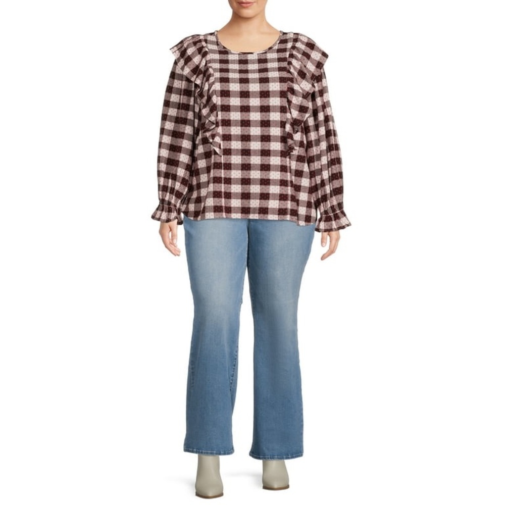𝗧𝗘𝗥𝗥𝗔 & 𝗦𝗞𝗬 Women Top 1X Red Plaid Blouse Ruffles Balloon Sleeve Keyhole